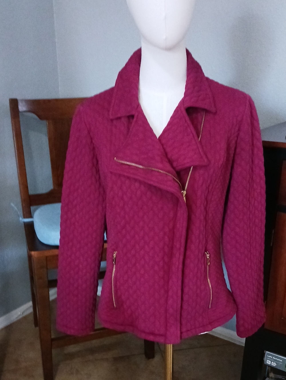 Isaac Mizrahi Quilted Berry Leather-Style Jacket with Gold Zippers